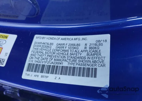 2018 Honda Accord Sport from USA, damaged, VIN 1HGCV1F37JA230041